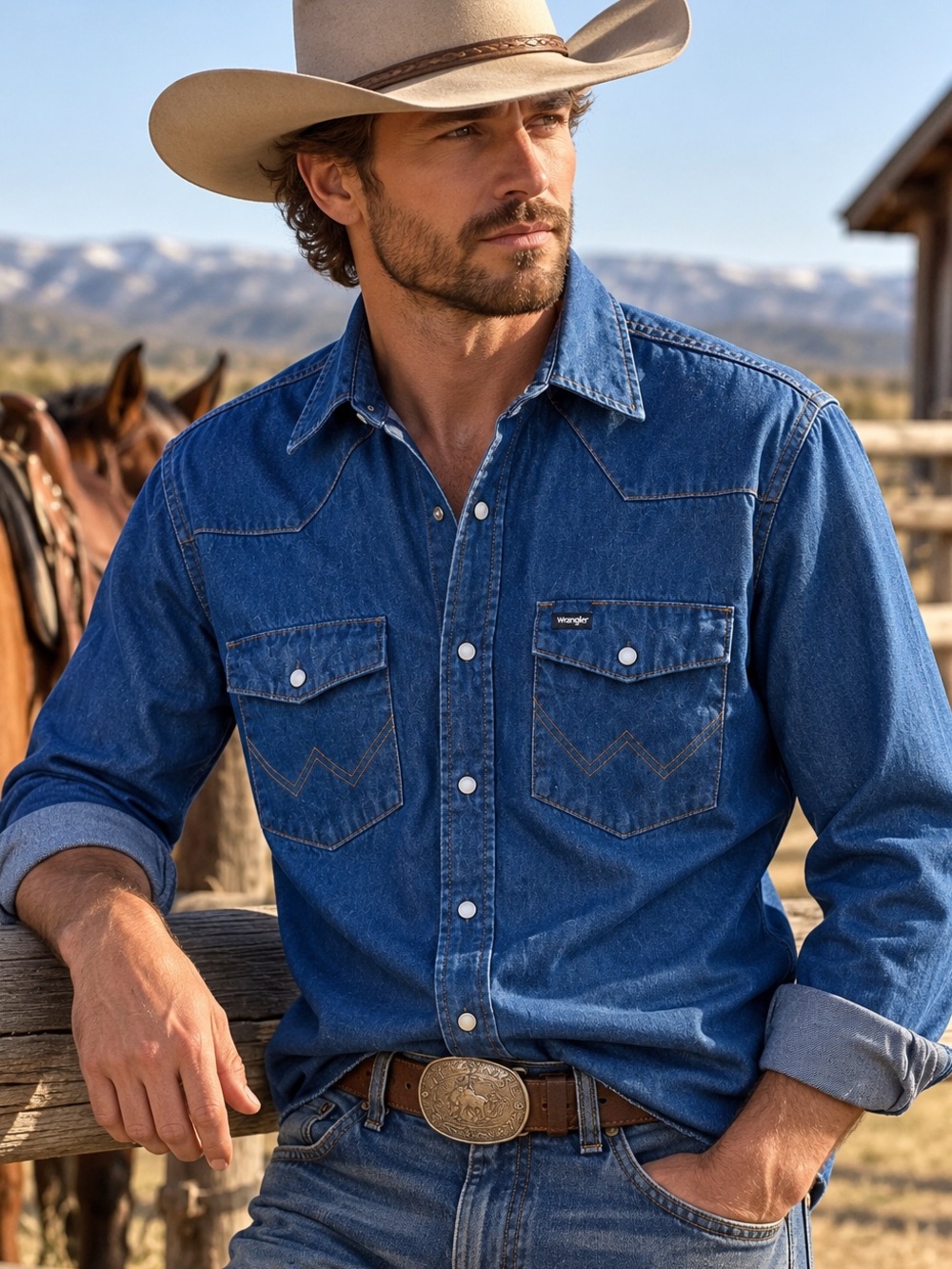 Wrangler Cowboy Cut Denim Western Pearl Snap Shirt Men’s M Blue MS7011D